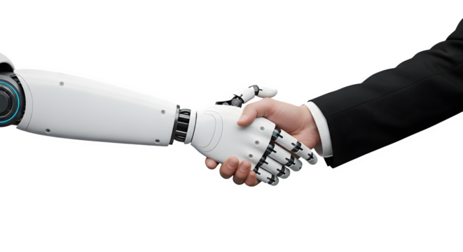 Robot and human handshake 3d rendered isolated on transparent background - Powered by Adobe