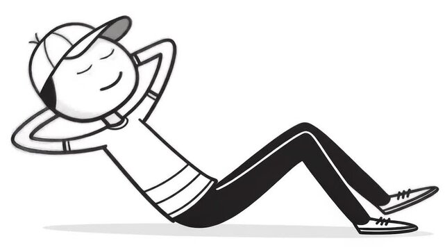 Stickman Illustration in Baseball Cap Relaxing on White Background for Wellness Concept