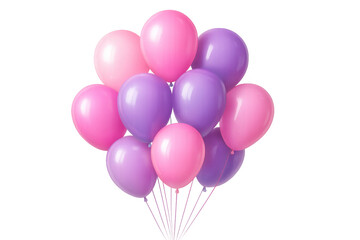 Pink and purple balloons hovering together, transparent backdrop highlighting celebratory design elements for party and festive graphics