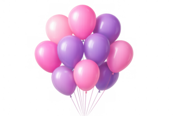 Pink and purple balloons hovering together, transparent backdrop highlighting celebratory design elements for party and festive graphics