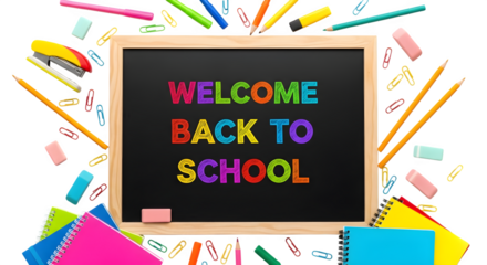 Back to school supplies with chalkboard isolated on transparent background