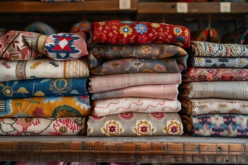 Colorful embroidered fabrics stacked on shelf high resolution picture