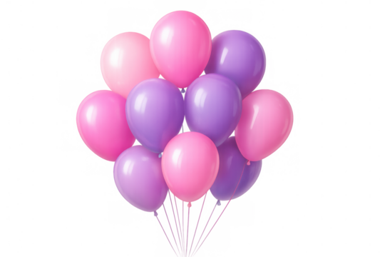Pink and purple balloons hovering together, transparent backdrop highlighting celebratory design elements for party and festive graphics