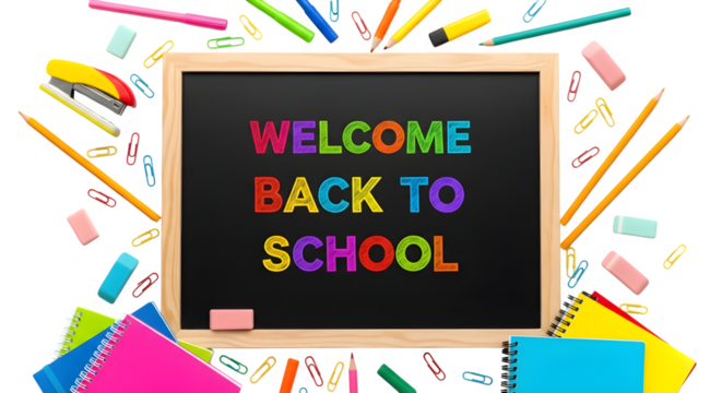 Back to school supplies with chalkboard isolated on transparent background - Powered by Adobe