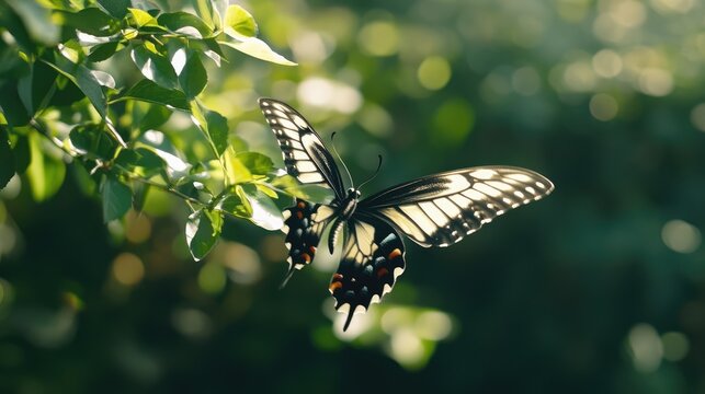macro cinematic butterfly flying scene, nature background, wings flapping smoothly before landing 