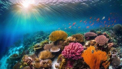sunlight illuminates a vibrant coral reef teeming with colorful marine life in a tranquil underwater scene