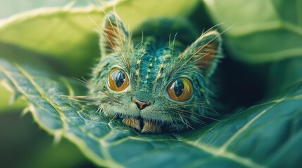 Photograph of a caterpillar with the face of a cat, crawling on a leaf
