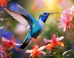 Fototapeta premium a vibrant blue hummingbird in flight surrounded by soft focus flowers creating a serene and magical scene