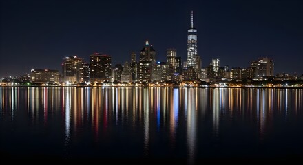 New york city, Nyc, Skyline, Night Reflection of New York City Skyline with One World Trade Center