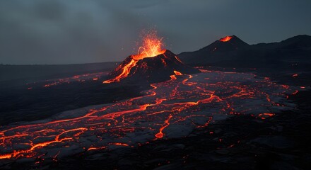 Volcano, Eruption, Lava, Eruption of Volcano at Night with Lava Flow