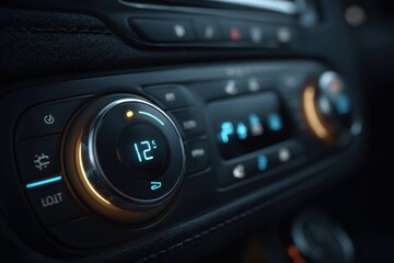 Close-up view of car climate control system displaying temperature settings and controls illuminated in blue light during nighttime