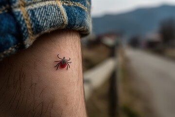 Obraz premium A detailed tick tattoo adorns a person's forearm while they stand near a rural road, surrounded by nature