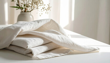 Soft linen cloth with folds on white table in natural light, creating serene atmosphere