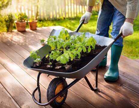 gardener s wheelbarrow filled with seedlings and gardening tools on a wooden deck spring planting and horticulture