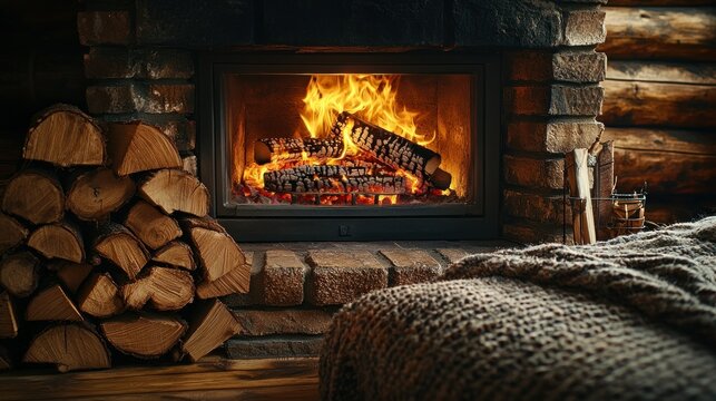 Cozy fireplace in rustic log cabin