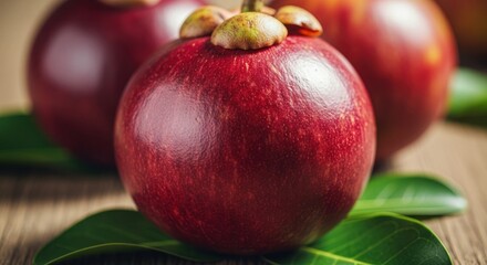 Close-up of two ripe mangosteens on a wooden surface.