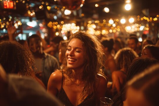 A group of people is celebrating with laughter and dancing at a busy bar filled with warm lights and energy on a vibrant night