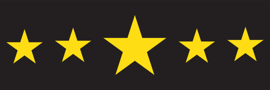 Five yellow stars on a black background. Five yellow stars of varying sizes. Customer feedback and ratings icon. Five golden stars on a dark background. 