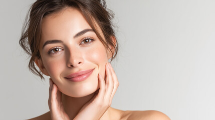 Fototapeta premium Portrait of a smiling woman with clear skin, soft makeup, and a relaxed smile, against a light background. Background for concepts related to skin care, beauty, health, dermatology, cosmetic products.