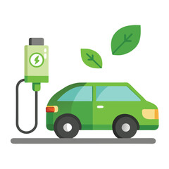 Electric Vehicle Charging with Green Energy Source near Leaves Flat Illustration