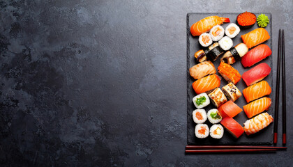 Sushi set with chopsticks on slate plate, clean modern background with space