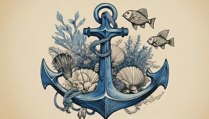 vintage sketch of anchor with sea creatures shells and plants detailed blue drawing on beige background