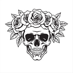 Timeless and elegant, vibrant retro-styled traditional tattoo art print.  Human skull silhouette in black and white, crowned with roses and leaves. 