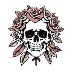 Fototapeta premium Vector-friendly print, traditional tattoo style. Black and white human skull silhouette crowned with roses and leaves. Bold line art, no shading, minimal background. 
