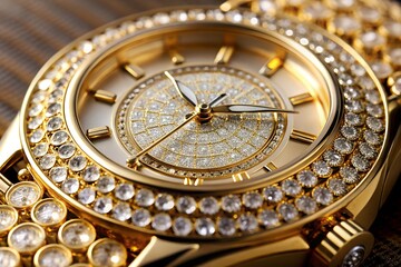 Obraz premium Close-up of luxurious gold diamond wristwatch, detailed craftsmanship, sparkling gems, elegant timepiece