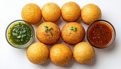 Pani Puri with Spicy Water and Tamarind Chutney on White Background