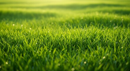 Fototapeta premium Grass, Green grass, Grass texture, Lush Green Grass with Dew Drops in Sunlight