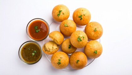 Top View of Golgappa with Stuffing and Chutneys in Glass Bowls