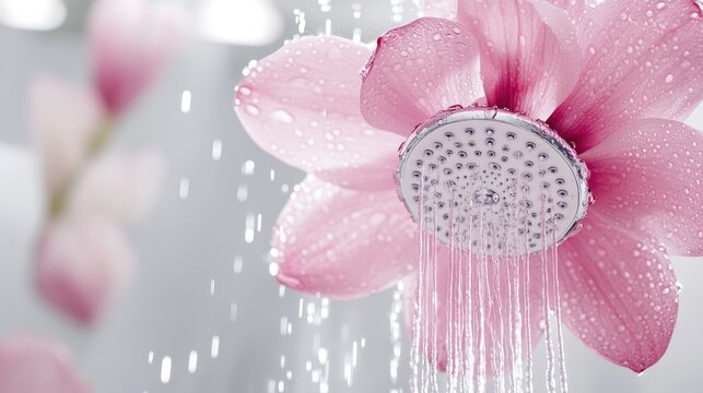 Photograph of a beautiful expensive shower with a showerhead shaped like a pink magnolia on white background 