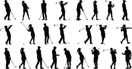 Silhouette collection of golfers in action, various poses and swings, male and female players, golfing activity on white background illustration