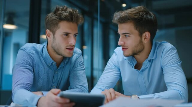 Two young male colleagues sitting at desk working together on a project, discussing ideas and collaborating in modern office setup