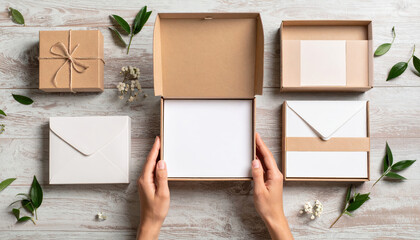 Unboxing experience design with packaging inserts and eco friendly materials top view