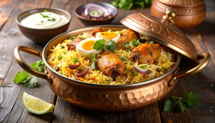 Aromatic Chicken Biryani with Boiled Egg Served with Raita and Salad