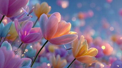 Fototapeta premium Fantasy pastel tulip blossoms glowing in soft sunlight with dreamy butterflies and magical bokeh background in romantic spring nature scene
