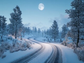 Photorealistic photo of a snowy road winding through a frosty forest under a bright full moon,