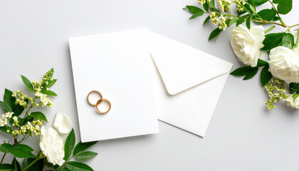 Wedding invitation with gold rings and white flowers on light background