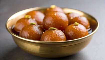 Gulab Jamuns Soaked in Syrup and Garnished with Pistachios in Brass Dish