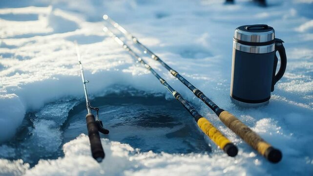 Ice fishing rods and thermos resting on frozen lake surface