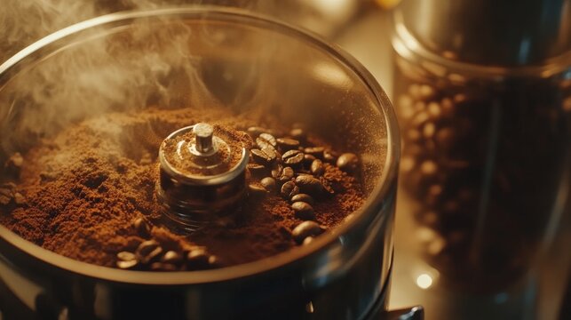 A coffee grinder freshly grinding whole beans for brewing a drink