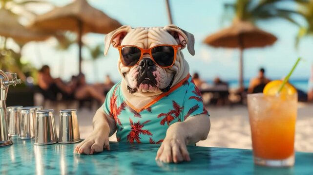 Bulldog bartender in sunglasses and a Hawaiian shirt sits at a beach bar