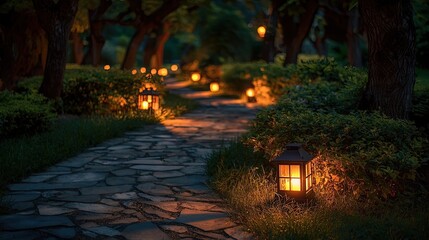 Obraz premium Peaceful night garden path with glowing lanterns along stone walkway surrounded by hedges, creating serene outdoor atmosphere and ambient landscape lighting design.