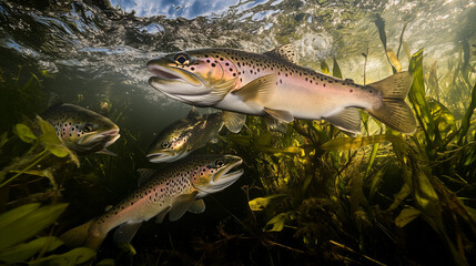Trout gliding in a clear river, sunlight piercing the water&mdash;a tranquil underwater world.