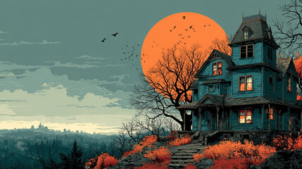 Spooky Mansion Under the Crimson Moon: A chillingly beautiful mansion, perched on a hilltop under a blood-orange moon, evokes a sense of eerie solitude and spectral mystery.