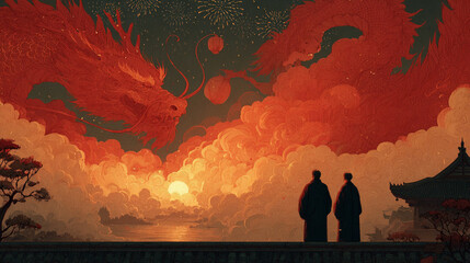 Dragon's Ascent: A mystical scene where a vibrant red dragon soars amidst the clouds, overlooking a traditional asian setting, bathed in the fiery hues of sunset.