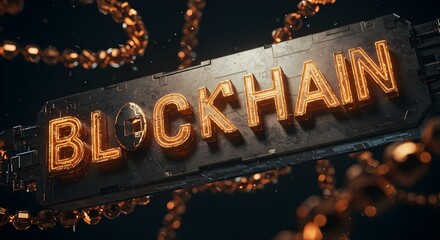 Blockchain, Technology, Cryptocurrency, Blockchain Technology Concept Golden Letters and Chains