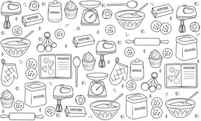 Background with drawn accessories and ingredients for baking: mixer, bowls, scales, sugar, flour, butter, cookies, cupcakes. Suitable for baking theme design, pastry shop menu, cooking lessons.